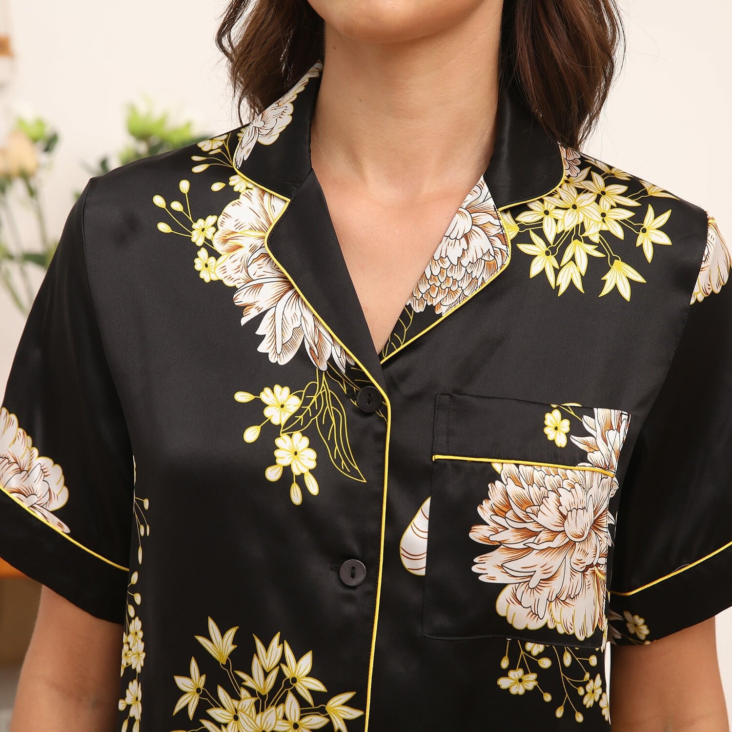 Womens Floral Print Silk Pajama Set Contrast Piping Silk Pajamas Black XS