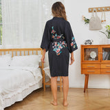 Womens Silk Kimono Colorful Floral Print Kimono Silk Short Silk Robe Black One size fits most