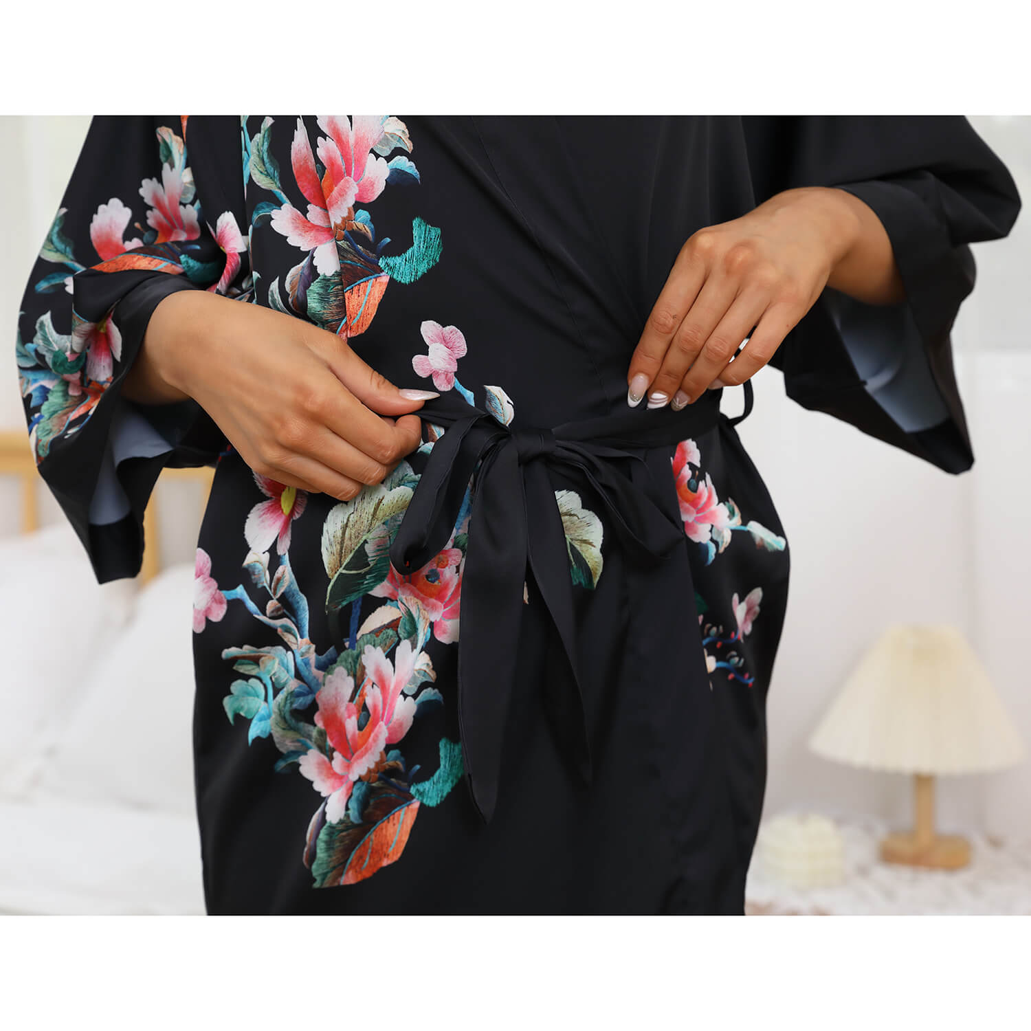 Womens Silk Kimono Colorful Floral Print Kimono Silk Short Silk Robe Black One size fits most