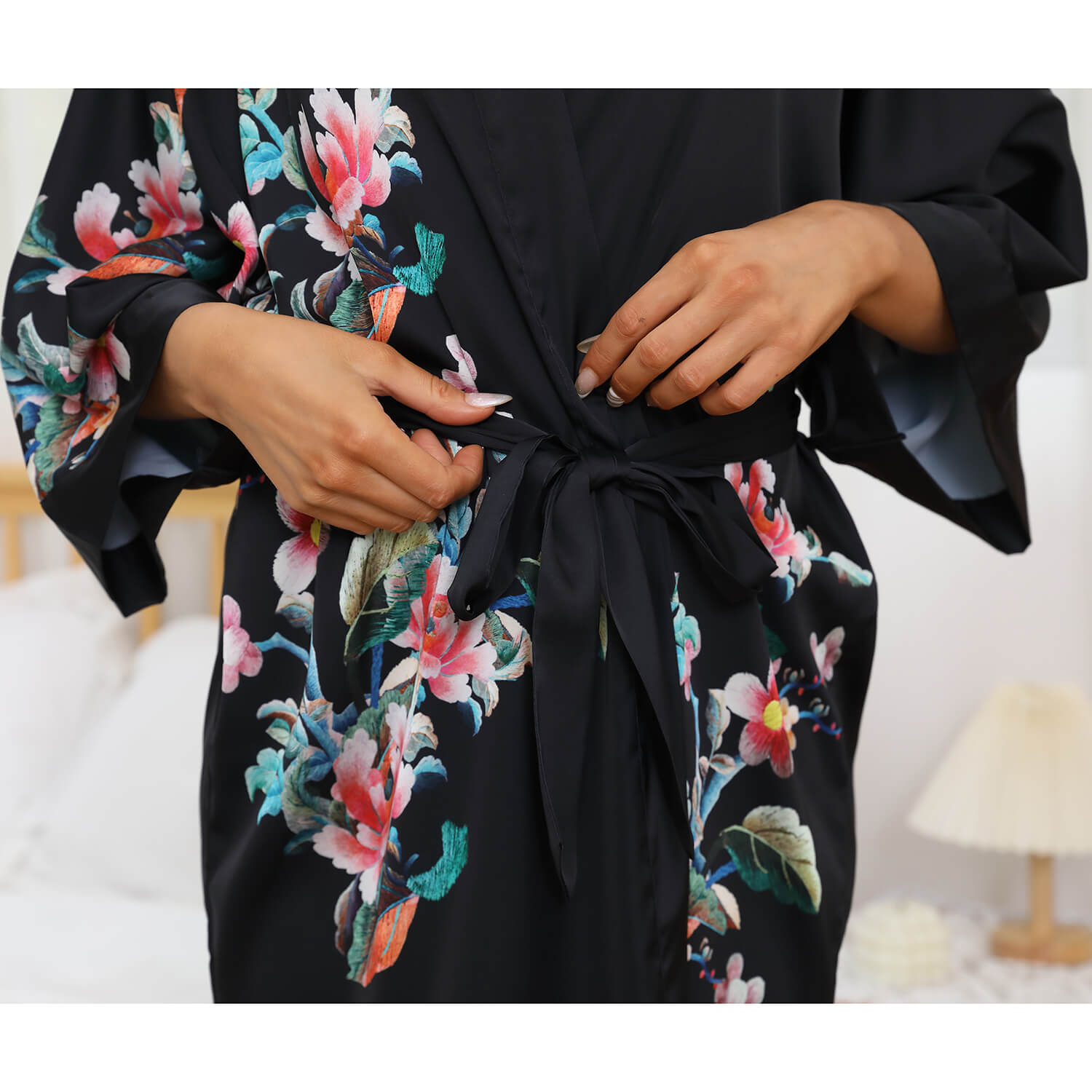 Womens Silk Kimono Colorful Floral Print Kimono Silk Short Silk Robe Black One size fits most