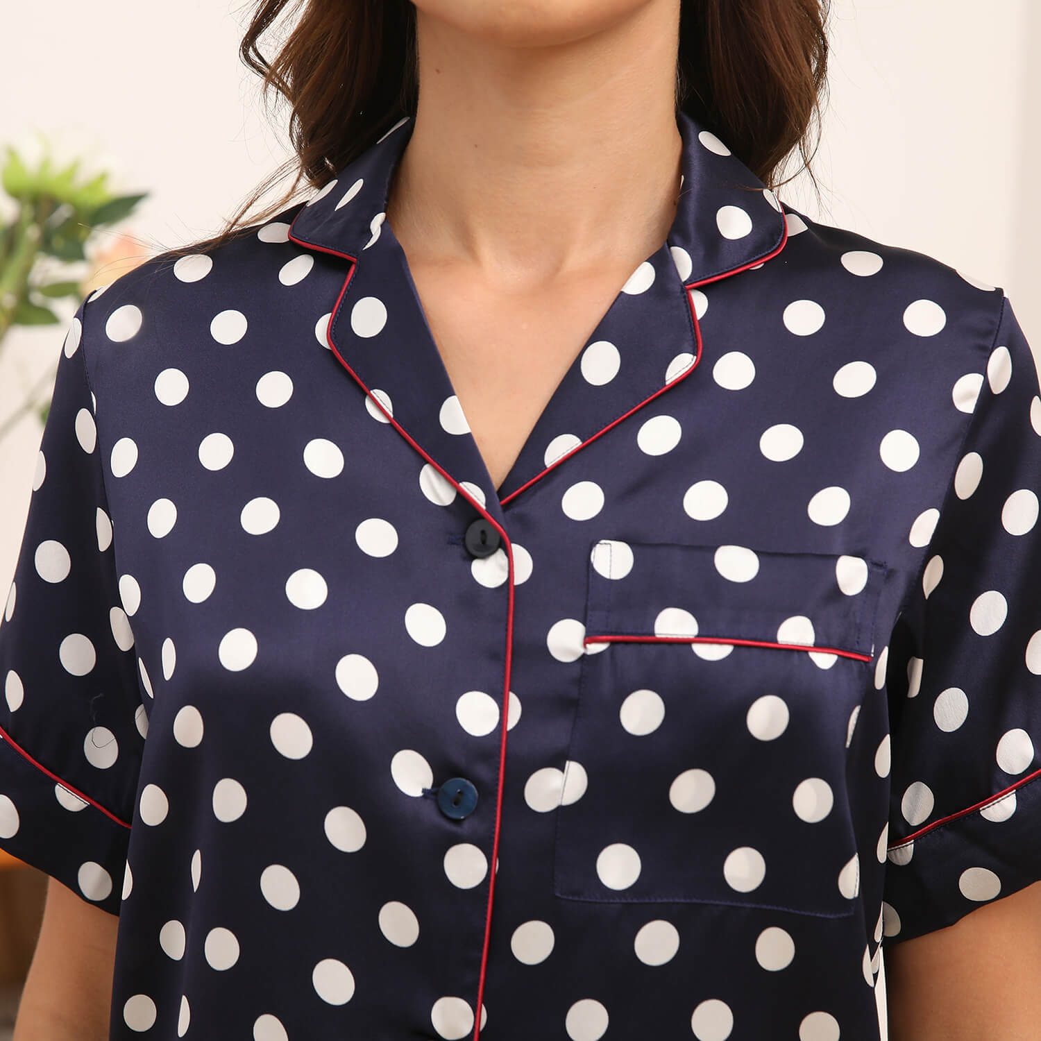 Women's Short Silk Pajamas Set Polka Dots Print Silk Sleepwear Navy Blue XS