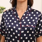Women's Short Silk Pajamas Set Polka Dots Print Silk Sleepwear Navy Blue XS