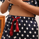 Women's Short Silk Pajamas Set Polka Dots Print Silk Sleepwear Navy Blue XS