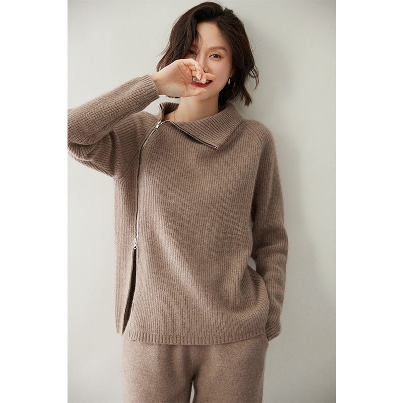Womens Sideling Zip - up Cashmere Sweater Turtleneck Cashmere Pullover Taupe XS