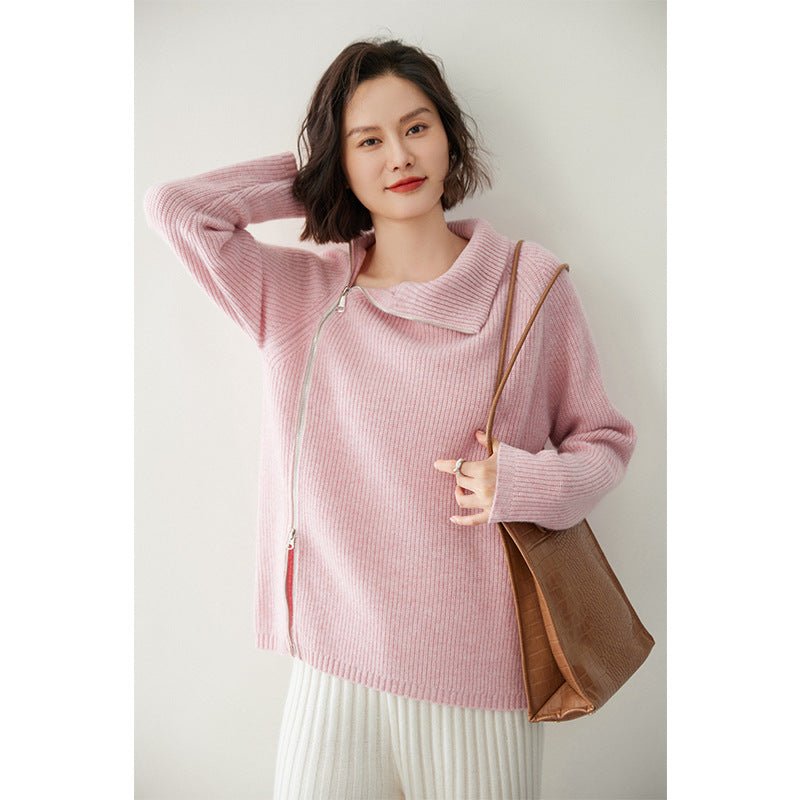 Womens Sideling Zip - up Cashmere Sweater Turtleneck Cashmere Pullover Pink XS