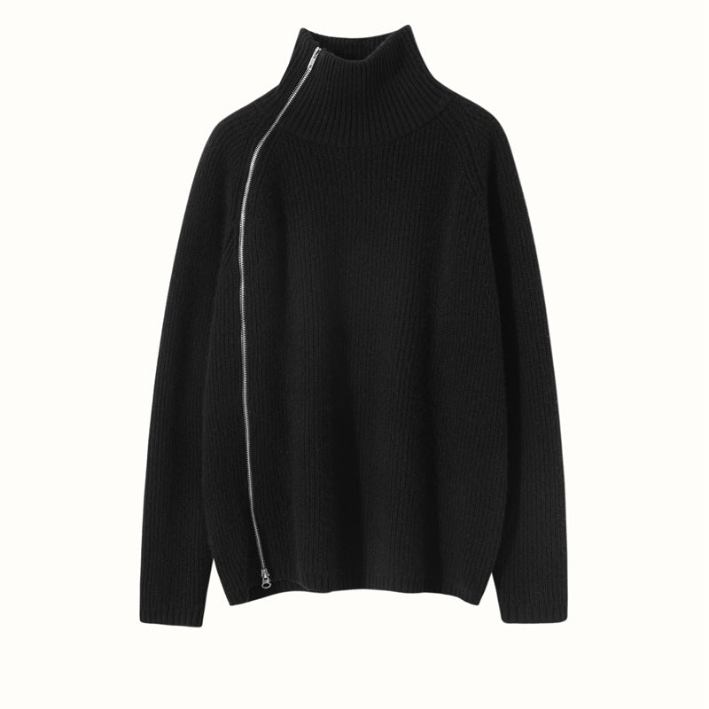 Womens Sideling Zip - up Cashmere Sweater Turtleneck Cashmere Pullover Black XS