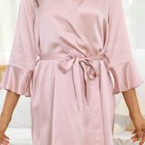 Womens Flared Sleeves Silk Bathrobe 100% Silk Robe Rosy Pink XS