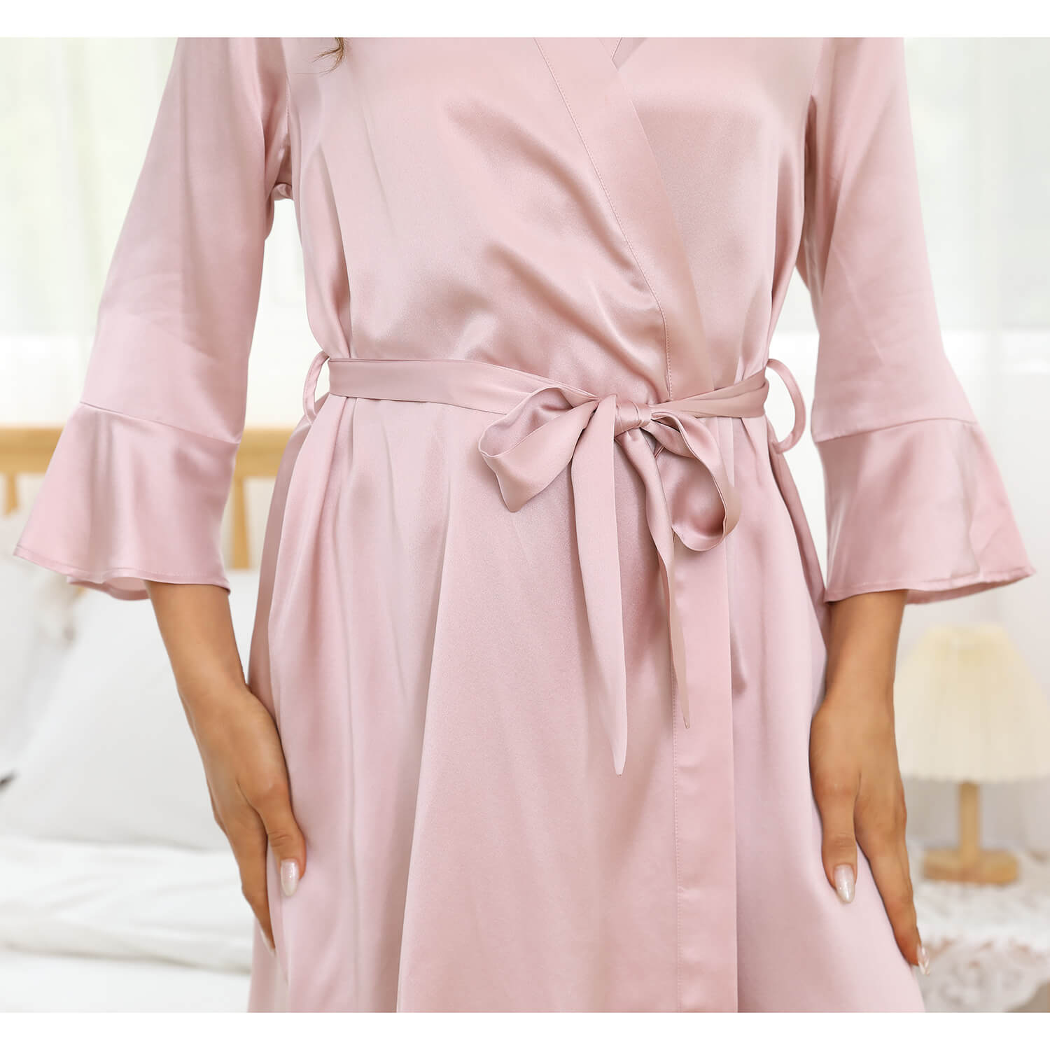 Womens Flared Sleeves Silk Bathrobe 100% Silk Robe Rosy Pink XS
