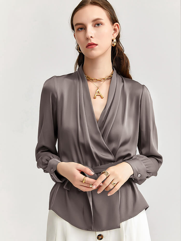 Womens Silk Blouse 100% Long Sleeves Silk Wrap Blouse Dark Gray XS