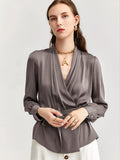 Womens Silk Blouse 100% Long Sleeves Silk Wrap Blouse Dark Gray XS