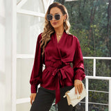 Womens Silk Blouse 100% Long Sleeves Silk Wrap Blouse Claret XS
