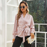 Womens Silk Blouse 100% Long Sleeves Silk Wrap Blouse Rosy Pink XS