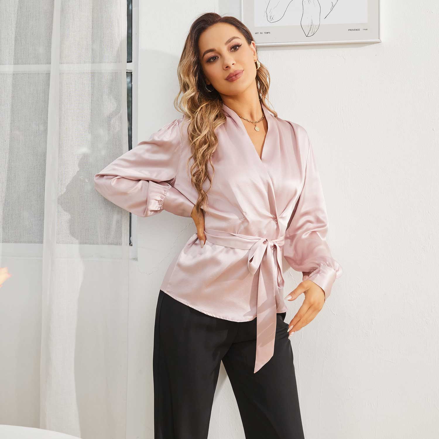 Womens Silk Blouse 100% Long Sleeves Silk Wrap Blouse Champagne XS