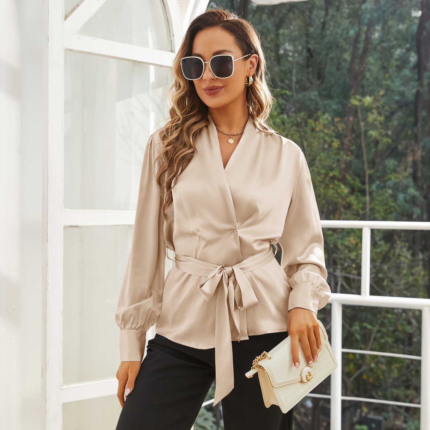 Womens Silk Blouse 100% Long Sleeves Silk Wrap Blouse Champagne XS