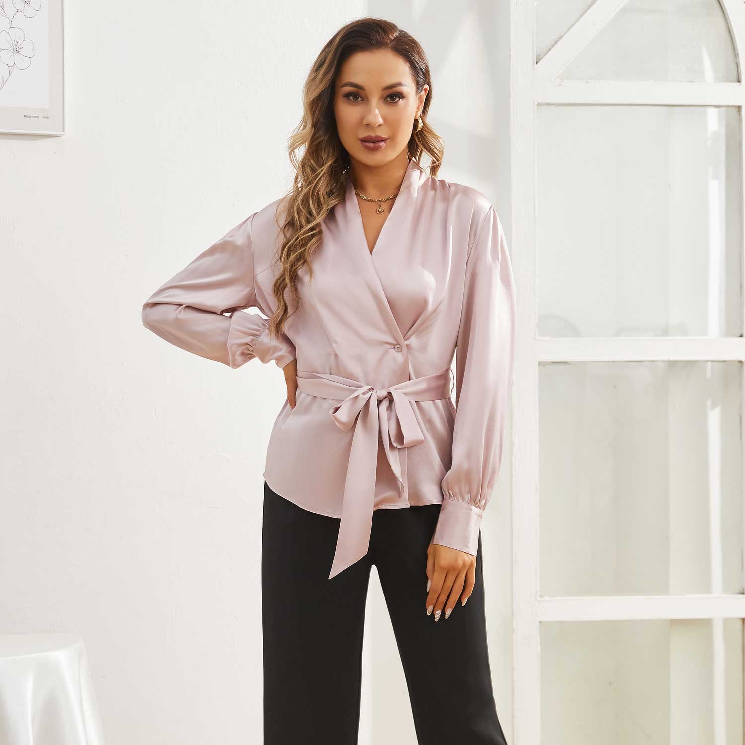 Womens Silk Blouse 100% Long Sleeves Silk Wrap Blouse Rosy Pink XS