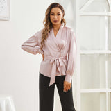 Womens Silk Blouse 100% Long Sleeves Silk Wrap Blouse Rosy Pink XS