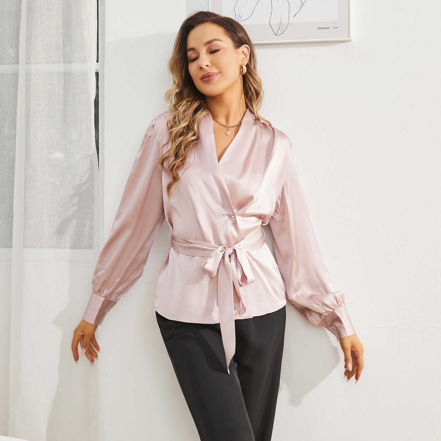 Womens Silk Blouse 100% Long Sleeves Silk Wrap Blouse Champagne XS