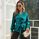 Womens Silk Blouse 100% Long Sleeves Silk Wrap Blouse Dark Teal XS