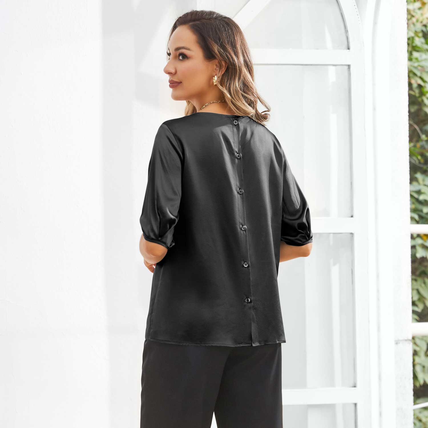 Womens Silk Blouse Short Sleeves Both Sides Silk Top Black XS