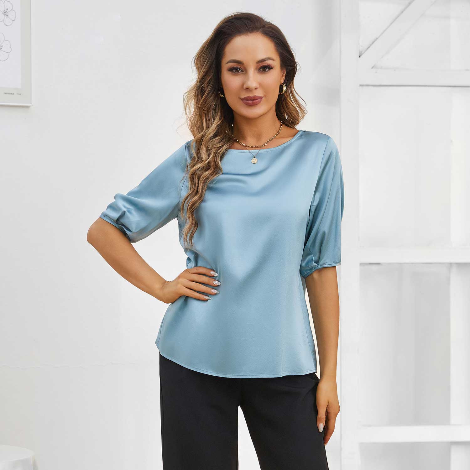 Womens Silk Blouse Short Sleeves Both Sides Silk Top Haze Blue XS