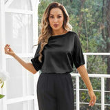 Womens Silk Blouse Short Sleeves Both Sides Silk Top Black XS