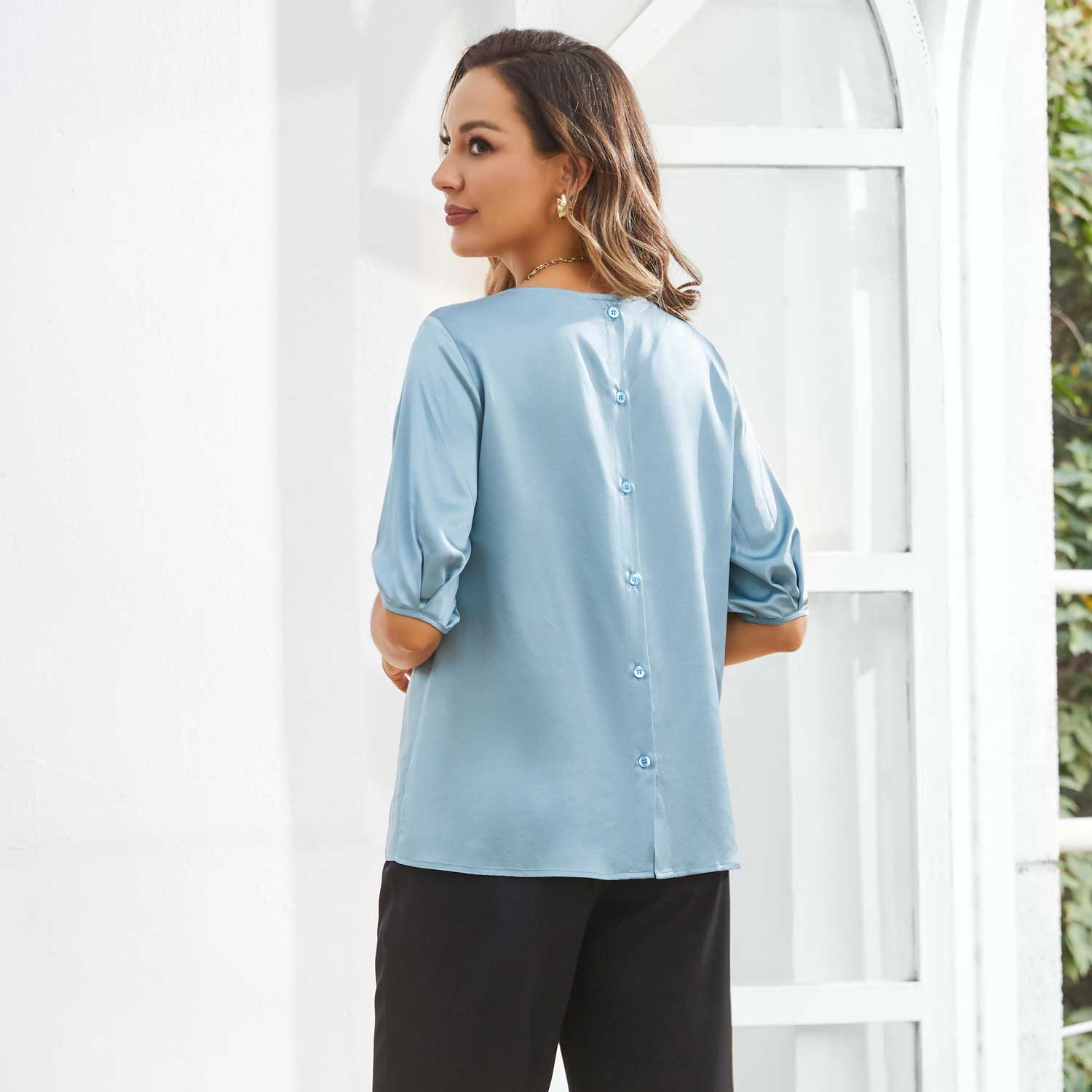 Womens Silk Blouse Short Sleeves Both Sides Silk Top Haze Blue XS
