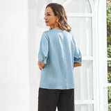 Womens Silk Blouse Short Sleeves Both Sides Silk Top Haze Blue XS
