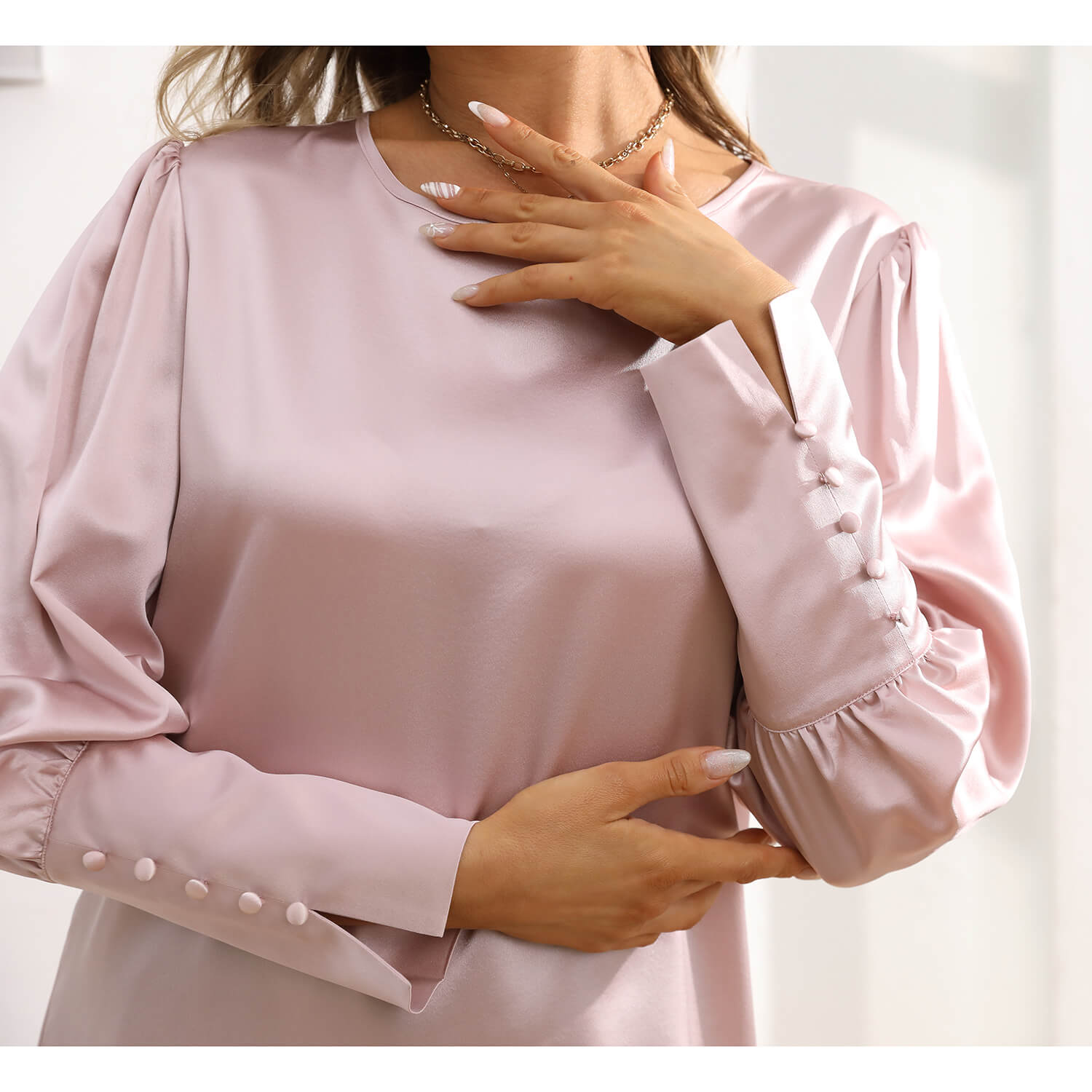 Women's Silk Blouse Work Round Neck Dressy Silk Shirts Rosy Pink XS