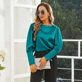 Women's Silk Blouse Work Round Neck Dressy Silk Shirts Dark Teal XS