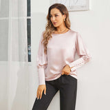 Women's Silk Blouse Work Round Neck Dressy Silk Shirts Rosy Pink XS