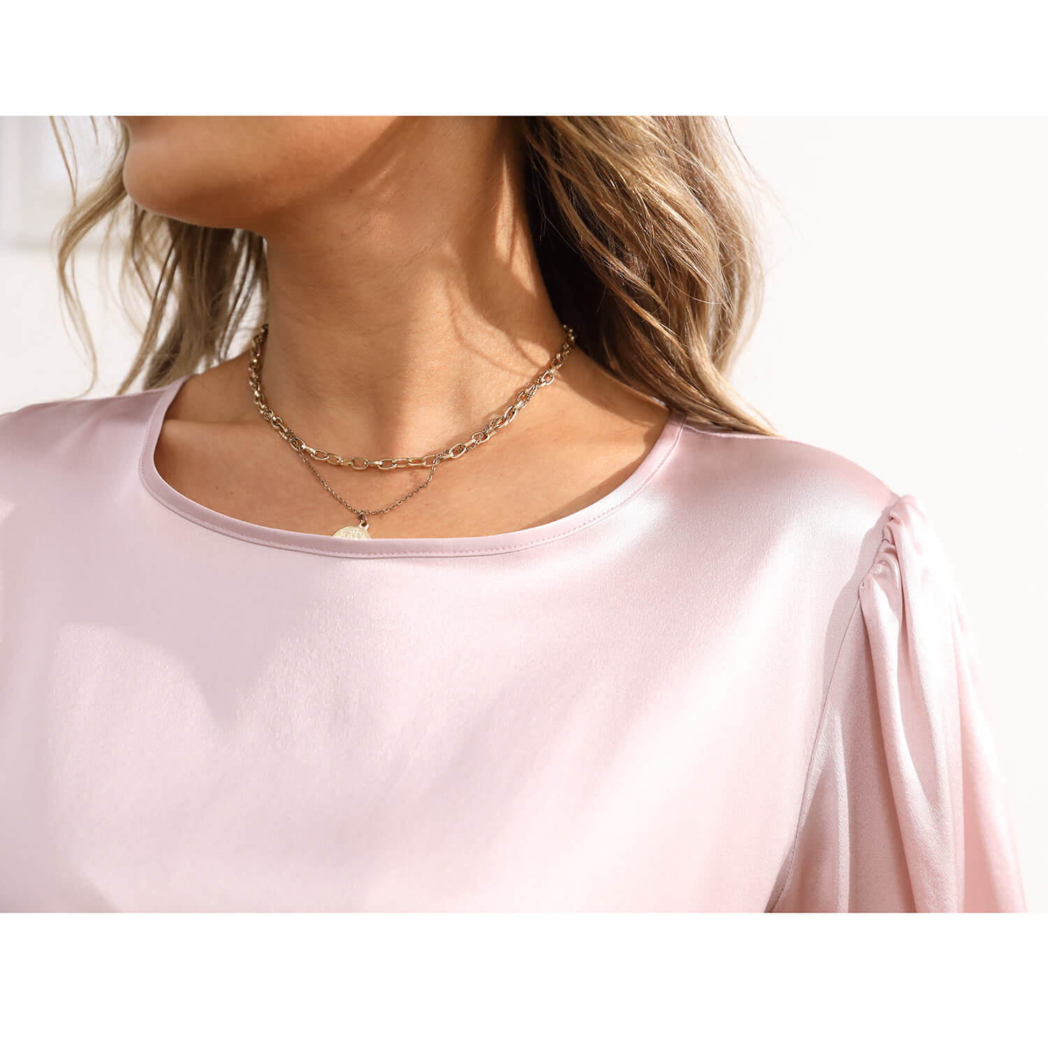 Women's Silk Blouse Work Round Neck Dressy Silk Shirts Rosy Pink XS