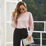 Women's Silk Blouse Work Round Neck Dressy Silk Shirts Rosy Pink XS
