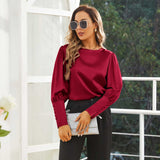 Women's Silk Blouse Work Round Neck Dressy Silk Shirts Claret XS