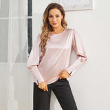 Women's Silk Blouse Work Round Neck Dressy Silk Shirts Rosy Pink XS