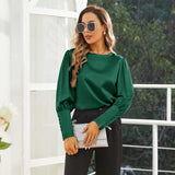 Women's Silk Blouse Work Round Neck Dressy Silk Shirts Green XS