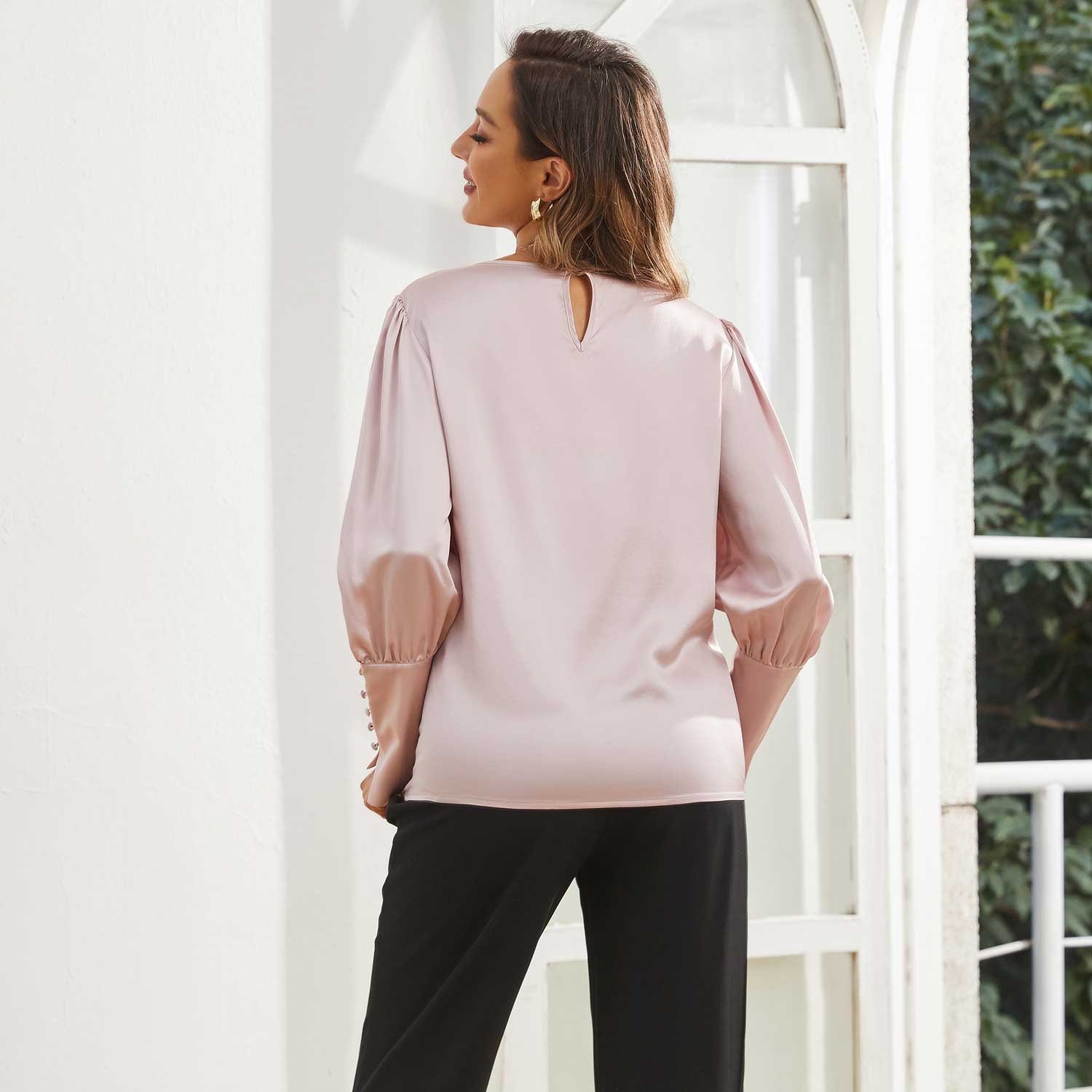 Women's Silk Blouse Work Round Neck Dressy Silk Shirts Rosy Pink XS