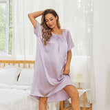 Women's Silk Chemise Short Sleeve Loose Pure Silk Nightdress Lavender XS