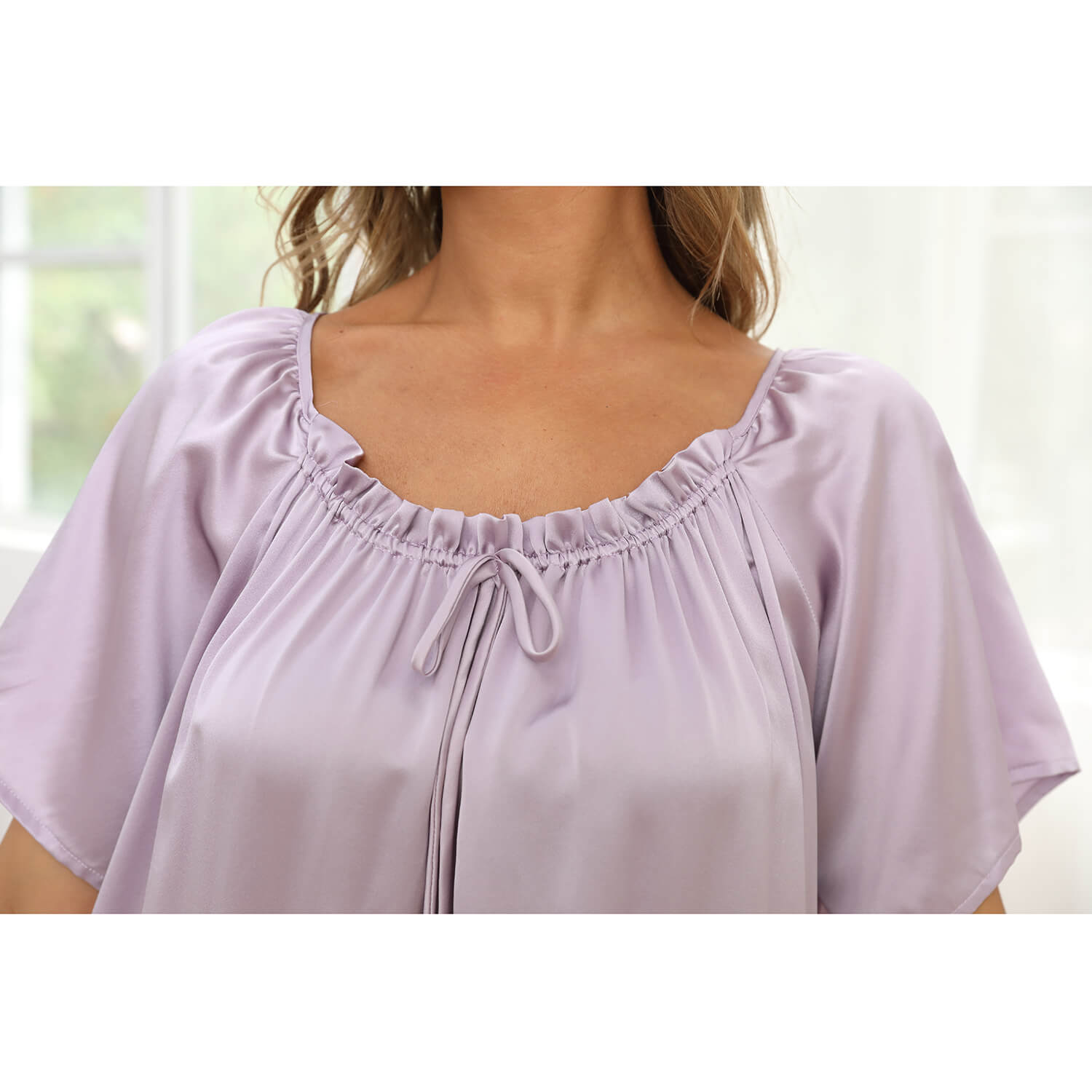 Women's Silk Chemise Short Sleeve Loose Pure Silk Nightdress Lavender XS