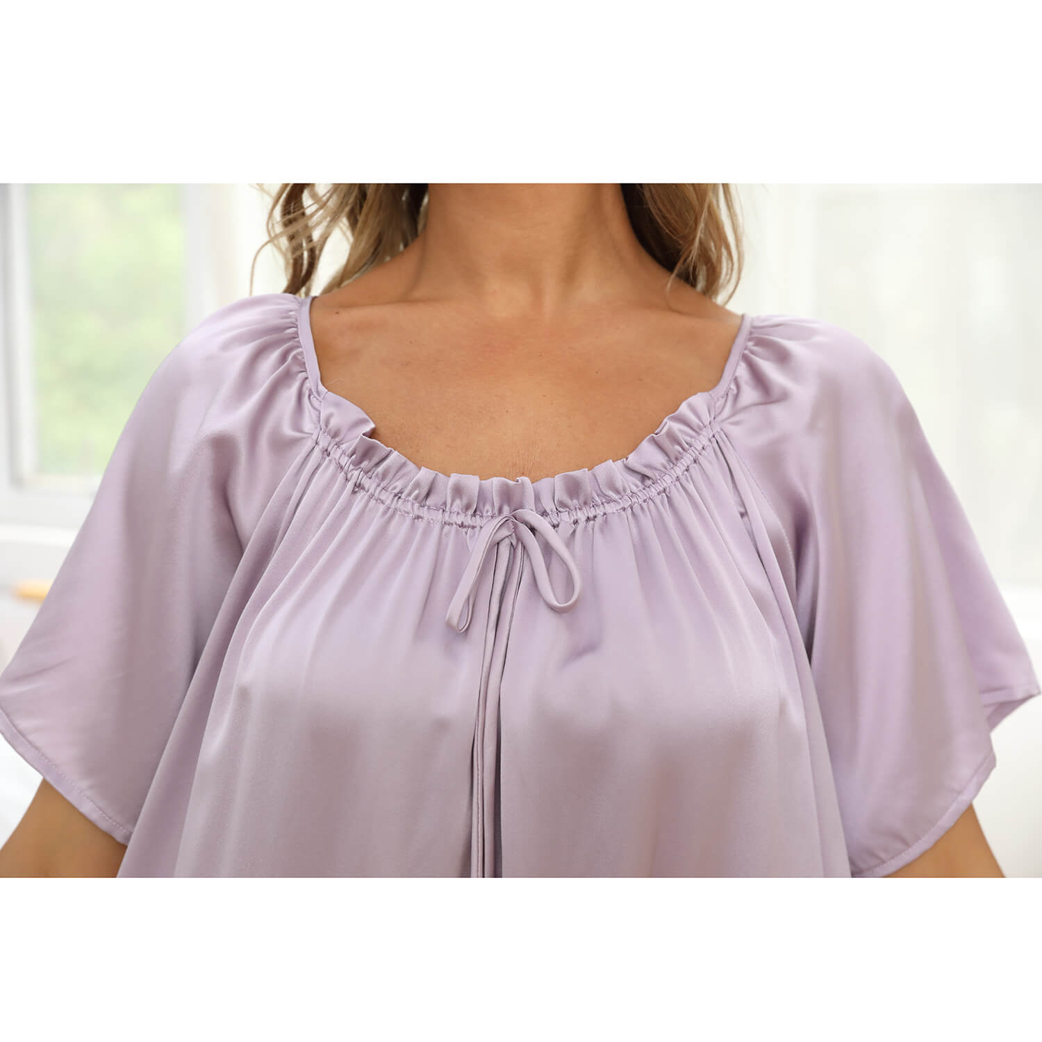 Women's Silk Chemise Short Sleeve Loose Pure Silk Nightdress Lavender XS