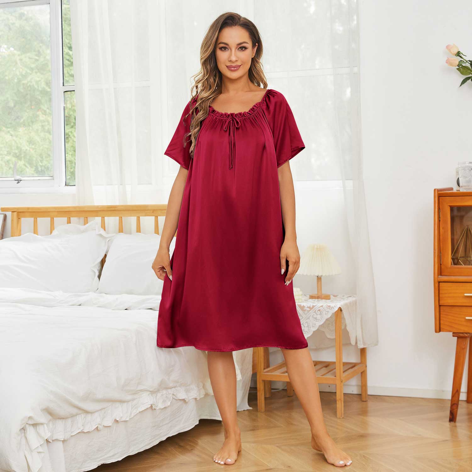 Women's Silk Chemise Short Sleeve Loose Pure Silk Nightdress Claret XS