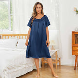 Women's Silk Chemise Short Sleeve Loose Pure Silk Nightdress Navy Blue XS