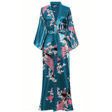 Womens Silk Kimono Peacock and Floral Print Kimono Silk Long Silk Robe Dark Teal One size fits most