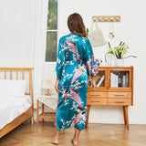 Womens Silk Kimono Peacock and Floral Print Kimono Silk Long Silk Robe Dark Teal One size fits most