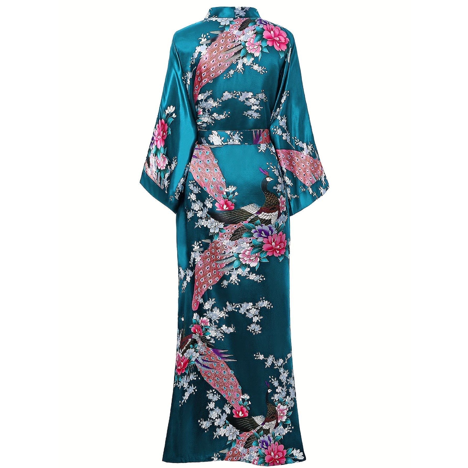 Womens Silk Kimono Peacock and Floral Print Kimono Silk Long Silk Robe Dark Teal One size fits most