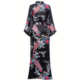 Womens Silk Kimono Peacock and Floral Print Kimono Silk Long Silk Robe Black One size fits most
