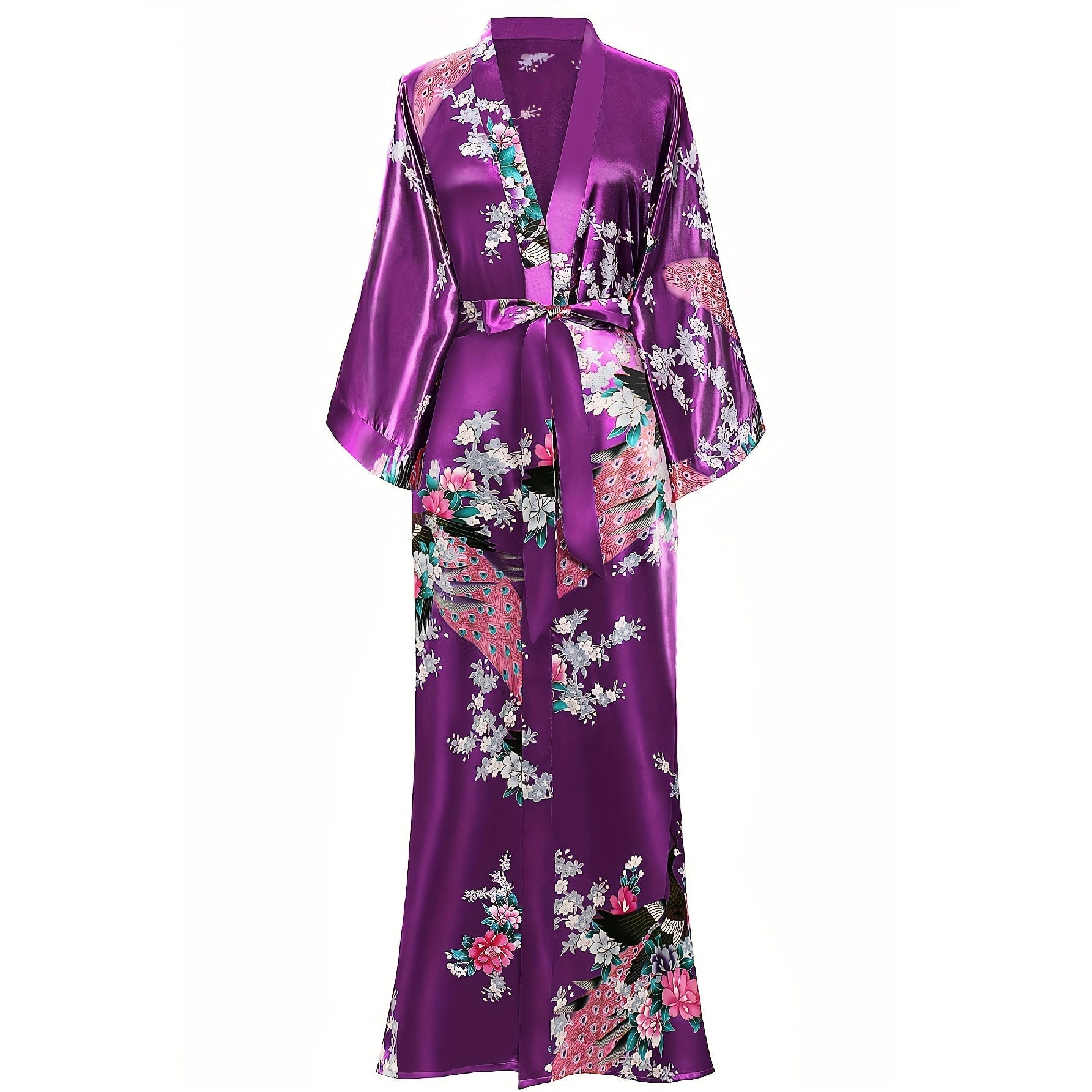 Womens Silk Kimono Peacock and Floral Print Kimono Silk Long Silk Robe Purple One size fits most