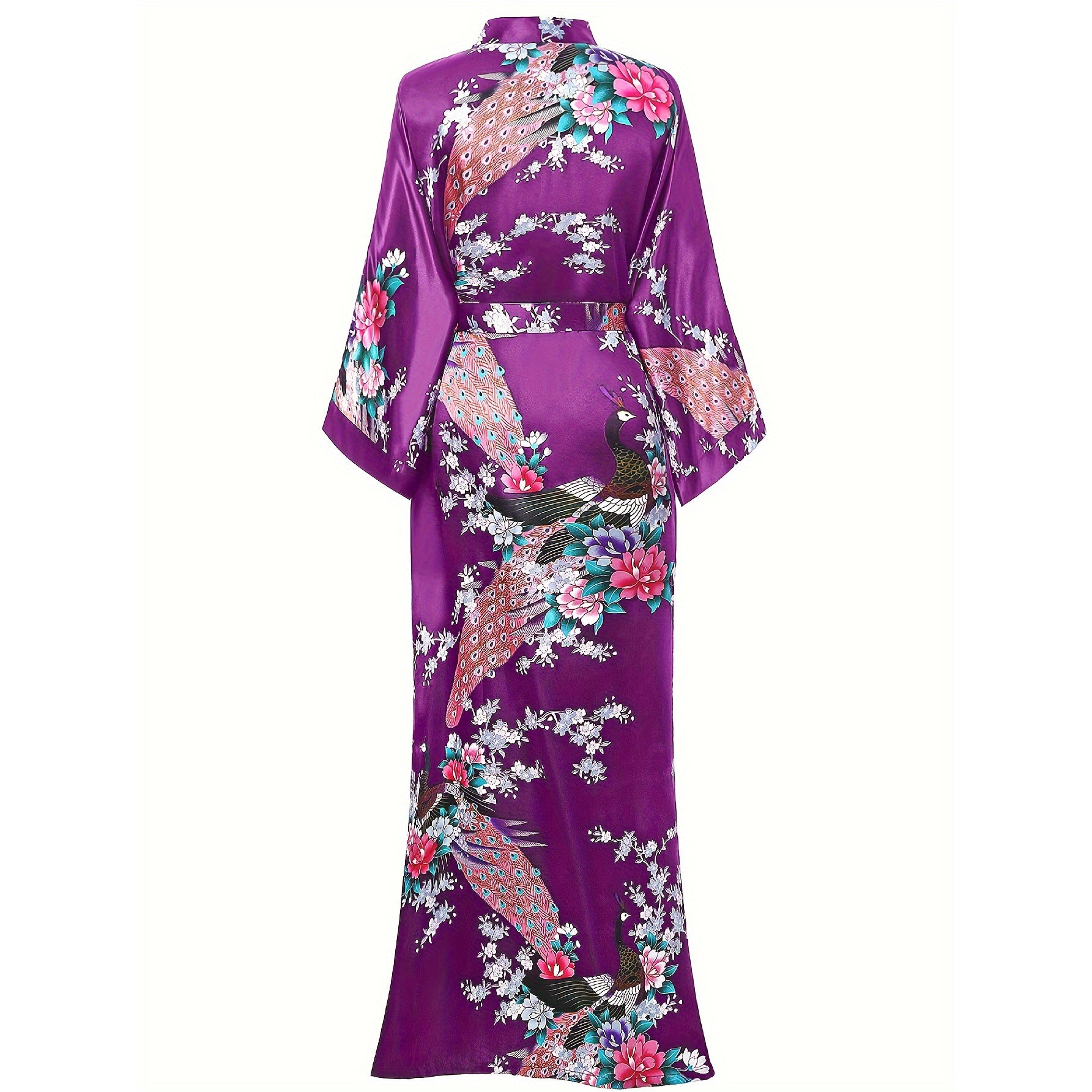 Womens Silk Kimono Peacock and Floral Print Kimono Silk Long Silk Robe Purple One size fits most