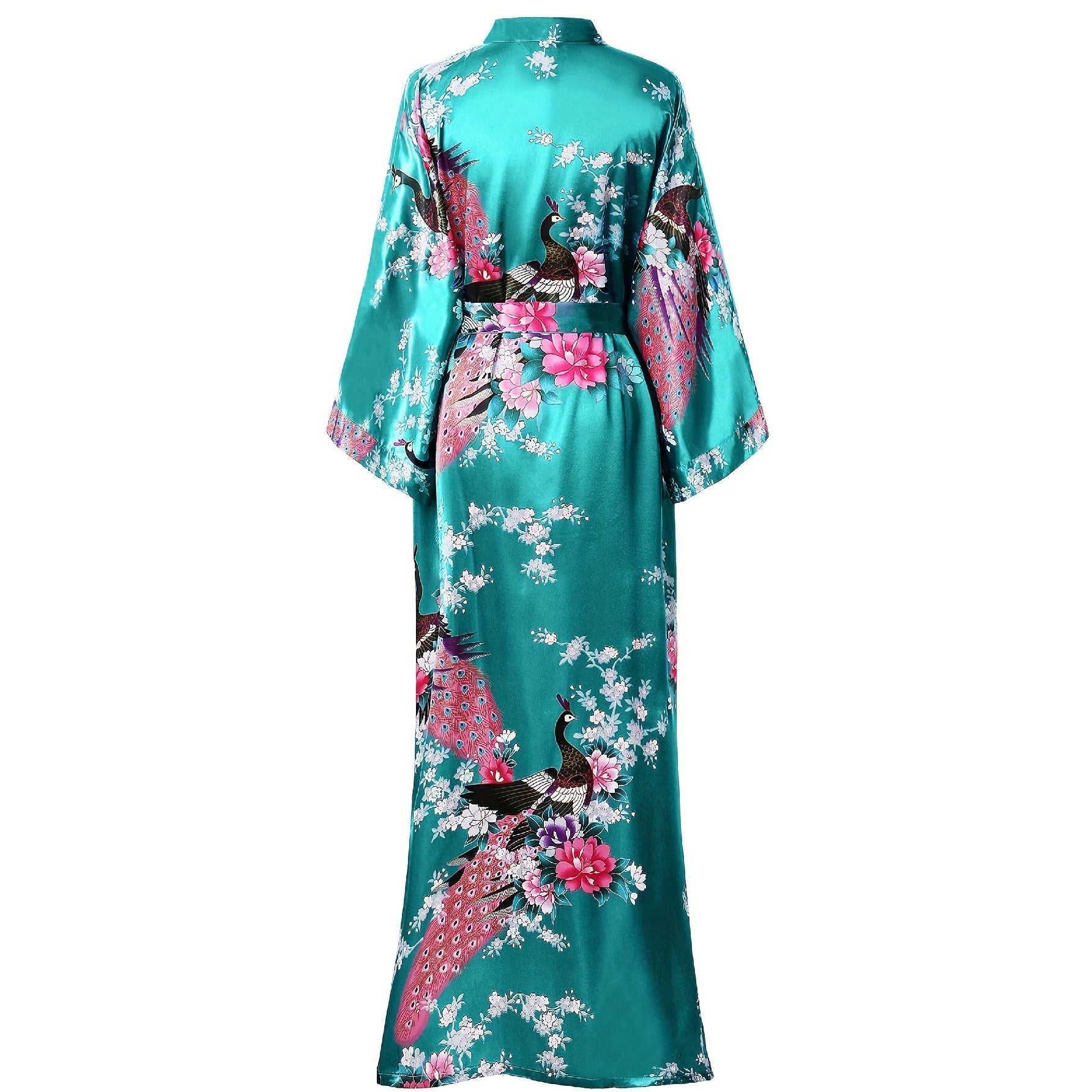 Womens Silk Kimono Peacock and Floral Print Kimono Silk Long Silk Robe Black One size fits most