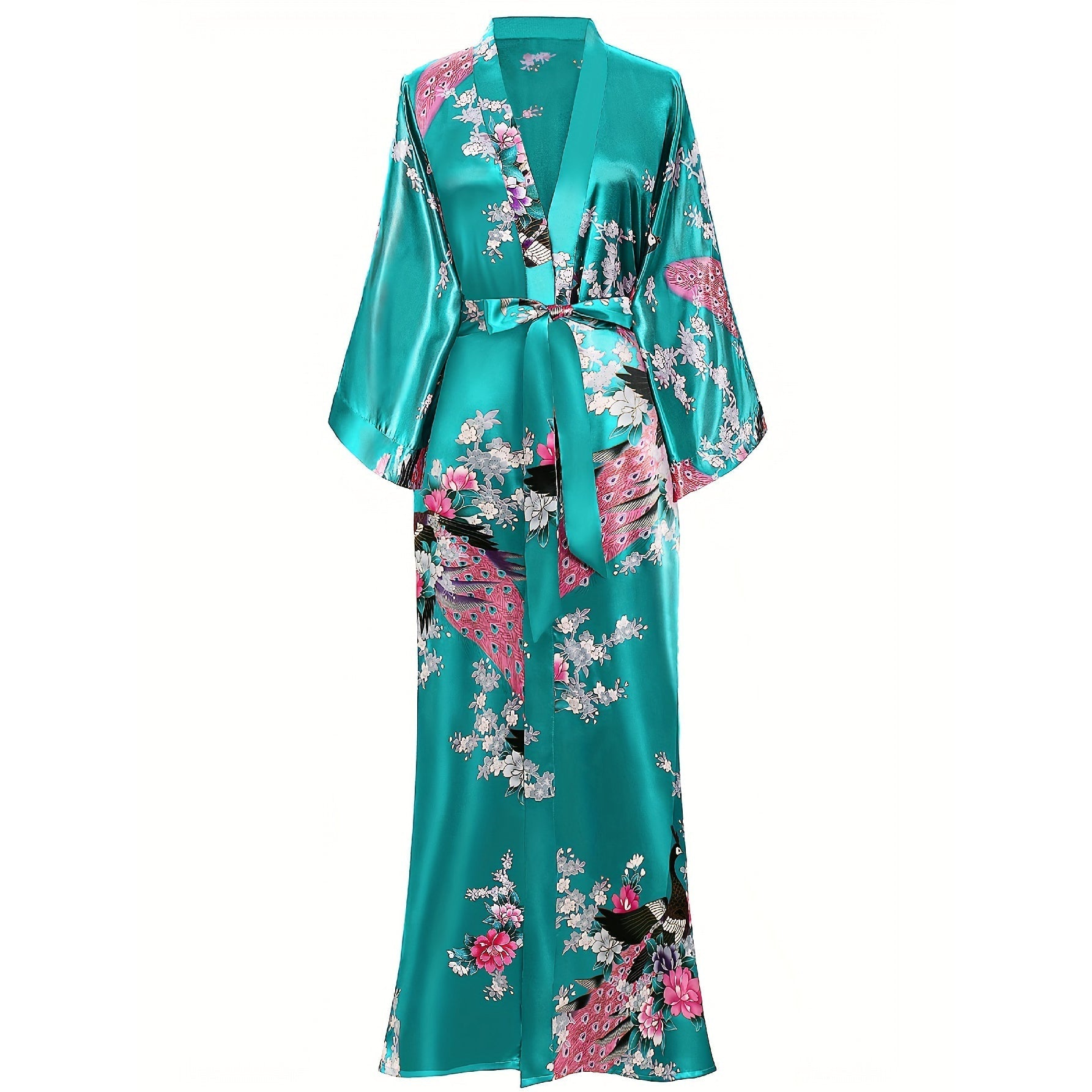 Womens Silk Kimono Peacock and Floral Print Kimono Silk Long Silk Robe Green One size fits most