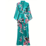 Womens Silk Kimono Peacock and Floral Print Kimono Silk Long Silk Robe Green One size fits most